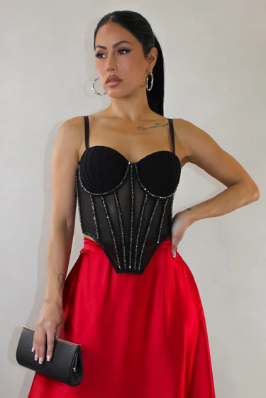 Luxe Sculpt Crystal-Trim Black Corset Top – Structured Glam Fit - front view