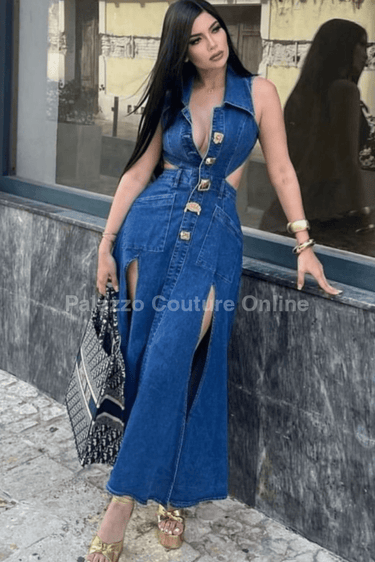 Stylish Glamour Denim Maxi Dress - Palazzo Couture Online