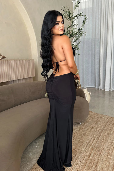 Sultry Cut-Out Ring Maxi Dress - Black close up detail of cut-out design and fabric