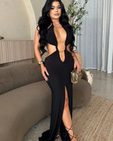 Sultry Cut-Out Ring Maxi Dress - Black front view showing full-length maxi silhouette