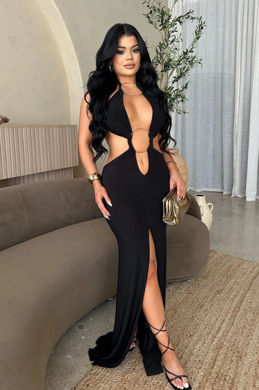 Sultry Cut-Out Ring Maxi Dress - Black front view showing full-length maxi silhouette