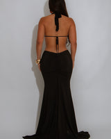 Sultry Cut-Out Ring Maxi Dress - Black side view highlighting floor-length hemline