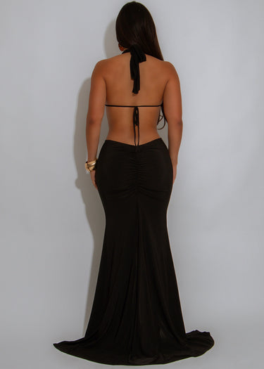 Sultry Cut-Out Ring Maxi Dress - Black side view highlighting floor-length hemline