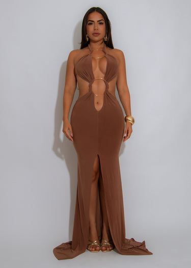 Sultry Cut - Out Ring Maxi Dress - Brown - Palazzo Couture Online