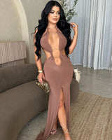 Sultry Cut - Out Ring Maxi Dress - Brown - Palazzo Couture Online