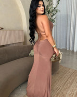 Sultry Cut-Out Ring Maxi Dress - Brown showing sophisticated construction details