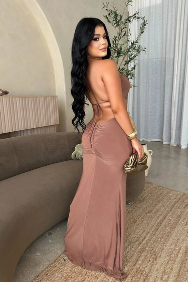 Sultry Cut-Out Ring Maxi Dress - Brown showing sophisticated construction details