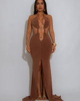 Sultry Cut-Out Ring Maxi Dress - Brown close up detail of cut-out design and fabric