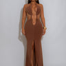 Sultry Cut-Out Ring Maxi Dress - Brown close up detail of cut-out design and fabric