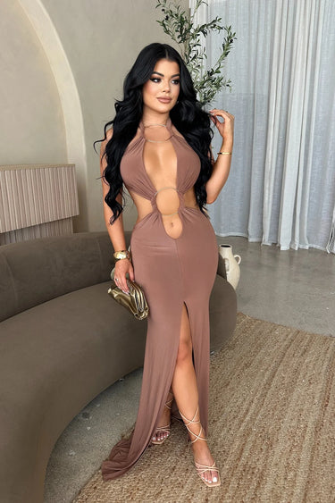 Sultry Cut-Out Ring Maxi Dress - Brown front view showing full-length maxi silhouette