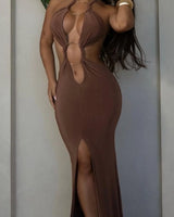 Sultry Cut-Out Ring Maxi Dress - Brown side view highlighting floor-length hemline