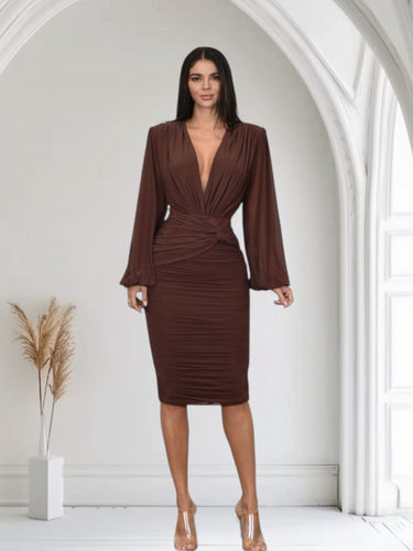 Sultry Draped Mesh Midi Dress - Chocolate - Palazzo Couture Online