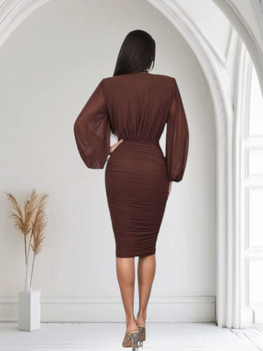 Sultry Draped Mesh Midi Dress - Chocolate - Palazzo Couture Online