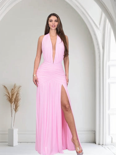 Sultry Plunge Halter Maxi Dress - Baby Pink - Palazzo Couture Online