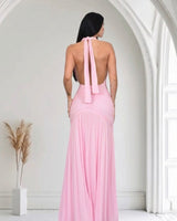Sultry Plunge Halter Maxi Dress - Baby Pink - Palazzo Couture Online
