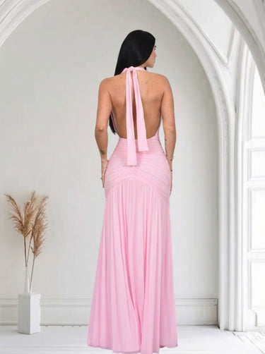 Sultry Plunge Halter Maxi Dress - Baby Pink - Palazzo Couture Online