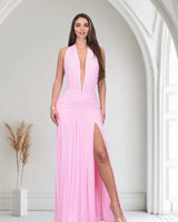 Sultry Plunge Halter Maxi Dress - Baby Pink front view showing full-length maxi silhouette