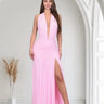 Sultry Plunge Halter Maxi Dress - Baby Pink front view showing full-length maxi silhouette
