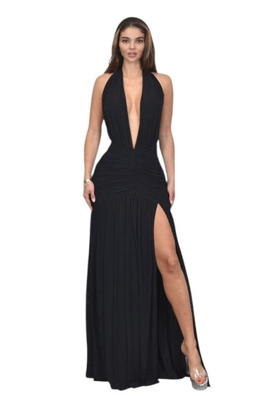 Sultry Plunge Halter Maxi Dress - Black - Palazzo Couture Online
