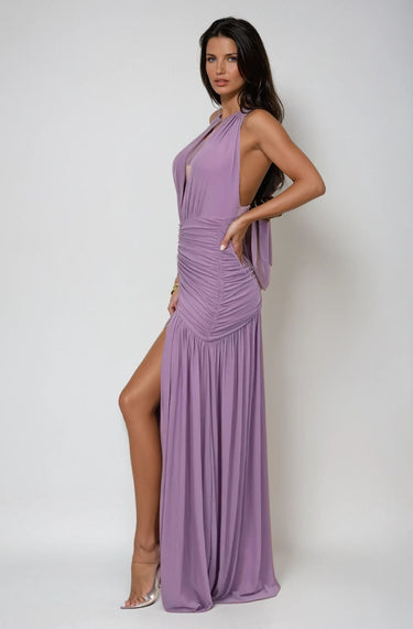 Sultry Plunge Halter Maxi Dress - Dusty Wineberry - Palazzo Couture Online