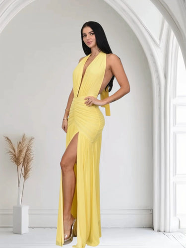 Women's Lemon Yellow maxi dress halter style back view