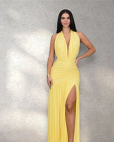 Sultry Plunge Halter Maxi Dress - Lemon Yellow close up detail of halter design and fabric