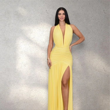 Sultry Plunge Halter Maxi Dress - Lemon Yellow close up detail of halter design and fabric