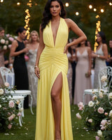 Sultry Plunge Halter Maxi Dress - Lemon Yellow front view showing full-length maxi silhouette