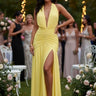 Sultry Plunge Halter Maxi Dress - Lemon Yellow front view showing full-length maxi silhouette