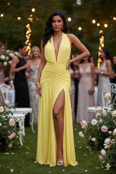 Sultry Plunge Halter Maxi Dress - Lemon Yellow front view showing full-length maxi silhouette