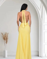 Sultry Plunge Halter Maxi Dress - Lemon Yellow side view highlighting floor-length hemline