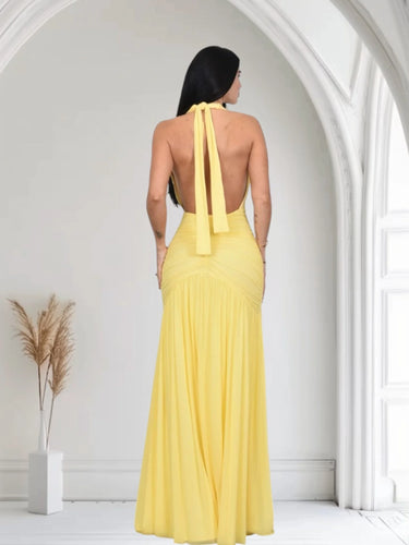 Sultry Plunge Halter Maxi Dress - Lemon Yellow side view highlighting floor-length hemline