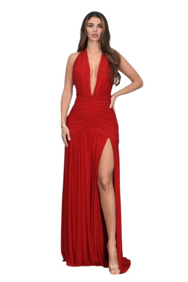 Sultry Plunge Halter Maxi Dress - Red - Palazzo Couture Online