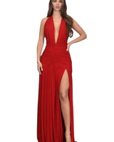 Sultry Plunge Halter Maxi Dress - Red front view showing full-length maxi silhouette