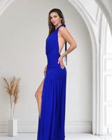Sultry Plunge Halter Maxi Dress - Royal blue - Palazzo Couture Online