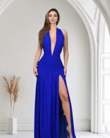 Sultry Plunge Halter Maxi Dress - Royal blue - Palazzo Couture Online