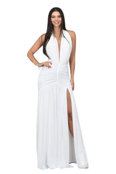 Sultry Plunge Halter Maxi Dress - White close up detail of halter design and fabric