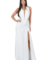 Sultry Plunge Halter Maxi Dress - White front view showing full-length maxi silhouette