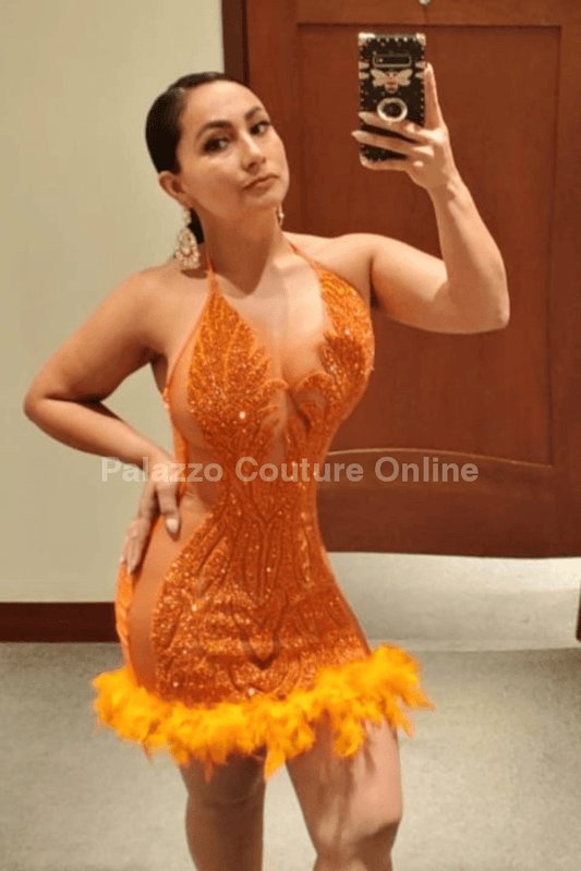 Sultry Showstopper Rhinestones Mini Dress (Orange)