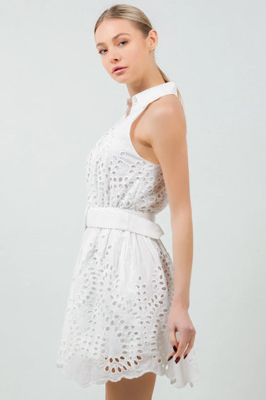 Summer Breeze Eyelet Mini Dress- Ivory close up detail of elegant design