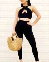 Summer Breeze Top & Leggings  Sculpting Set  (Black) front view showing complete two piece pant set