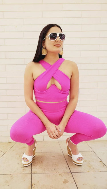 Summer Breeze Top & Leggings  Sculpting Set  (Fuchsia) showing coordinated top and pants construction