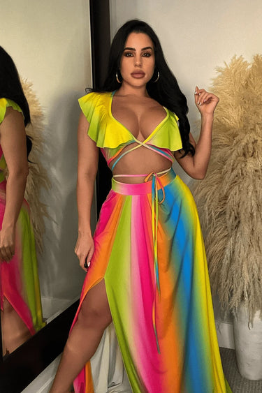 Women's Rainbow Multi skirt set matching style back view