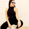 Summer Vacay Top & Leggings  Sculpting Set (Black) close up of matching top design and fabric detail