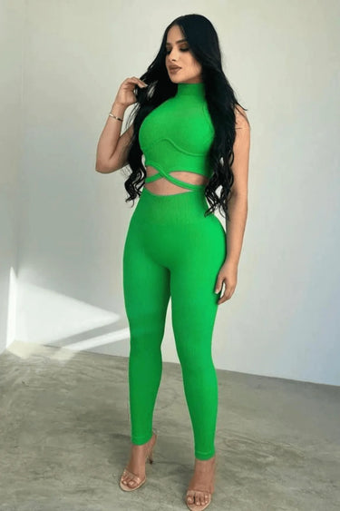 Summer Vacay Top & Leggings  Sculpting Set (Green) front view showing complete two piece pant set
