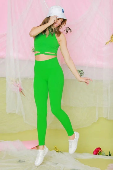 Summer Vacay Top & Leggings  Sculpting Set (Green) side view showing pants silhouette and fit