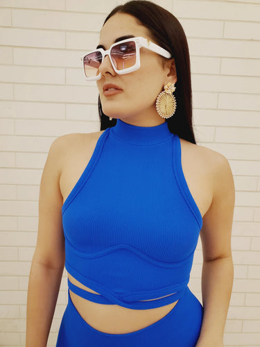 Summer Vacay Top & Leggings  Sculpting Set (Royal Blue) close up of matching top design and fabric detail