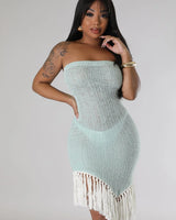 Summers In Cannes Fringe Knit Dress with Tube Silhouette front view showing mini dress silhouette