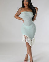 Summers In Cannes Fringe Knit Dress with Tube Silhouette side view highlighting short hemline
