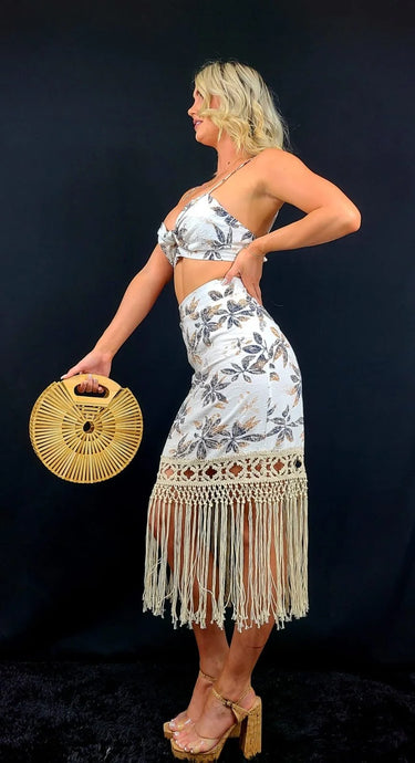 Sun and Sand Skirt Set - White Floral showing coordinated top and skirt construction